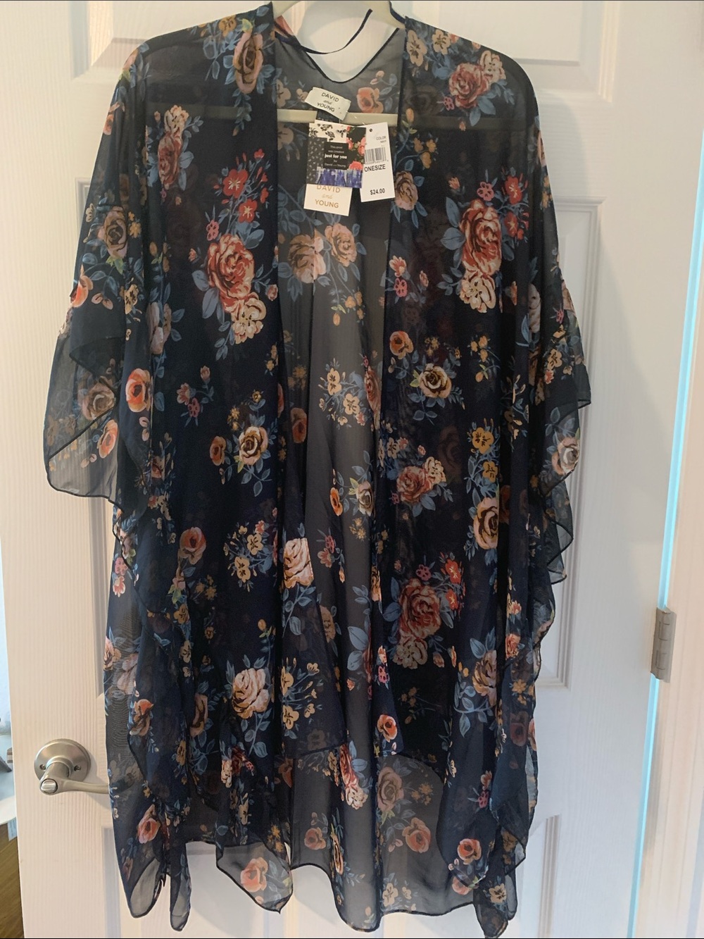 David and Young Navy Floral Kimono with Pink Roses